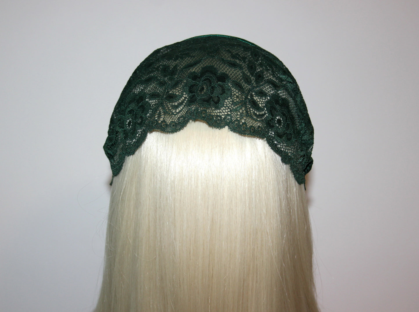 Dark Green prayer headband 7.2"inch Christian lace head covering Structured religious head cover, plastic free
