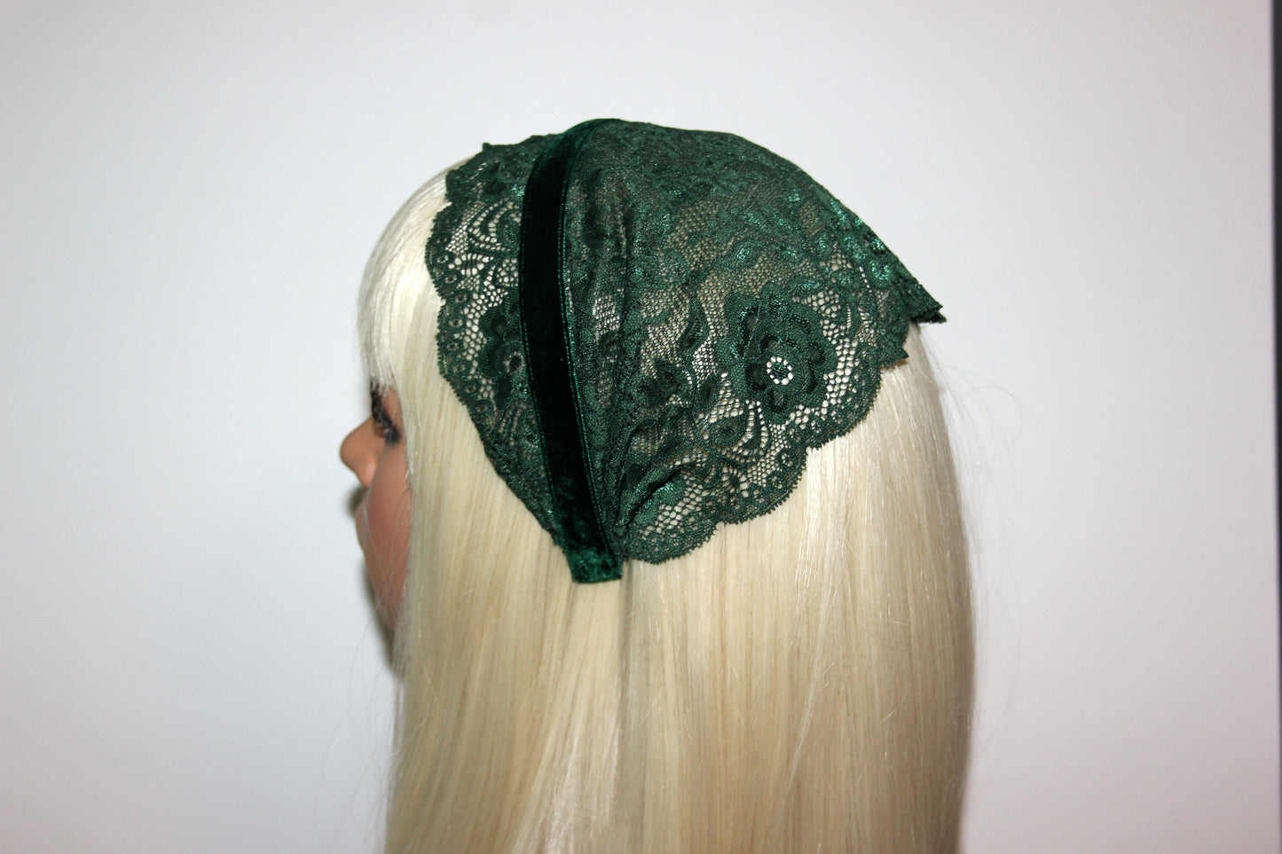 Dark Green prayer headband 7.2"inch Christian lace head covering Structured religious head cover, plastic free