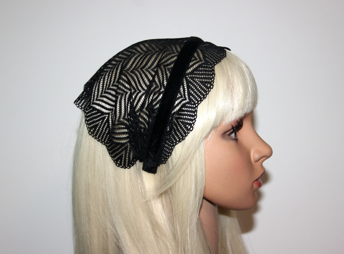 Christian head covering 7" inch Prayer lace headband Black herringbone head cover, plastic free