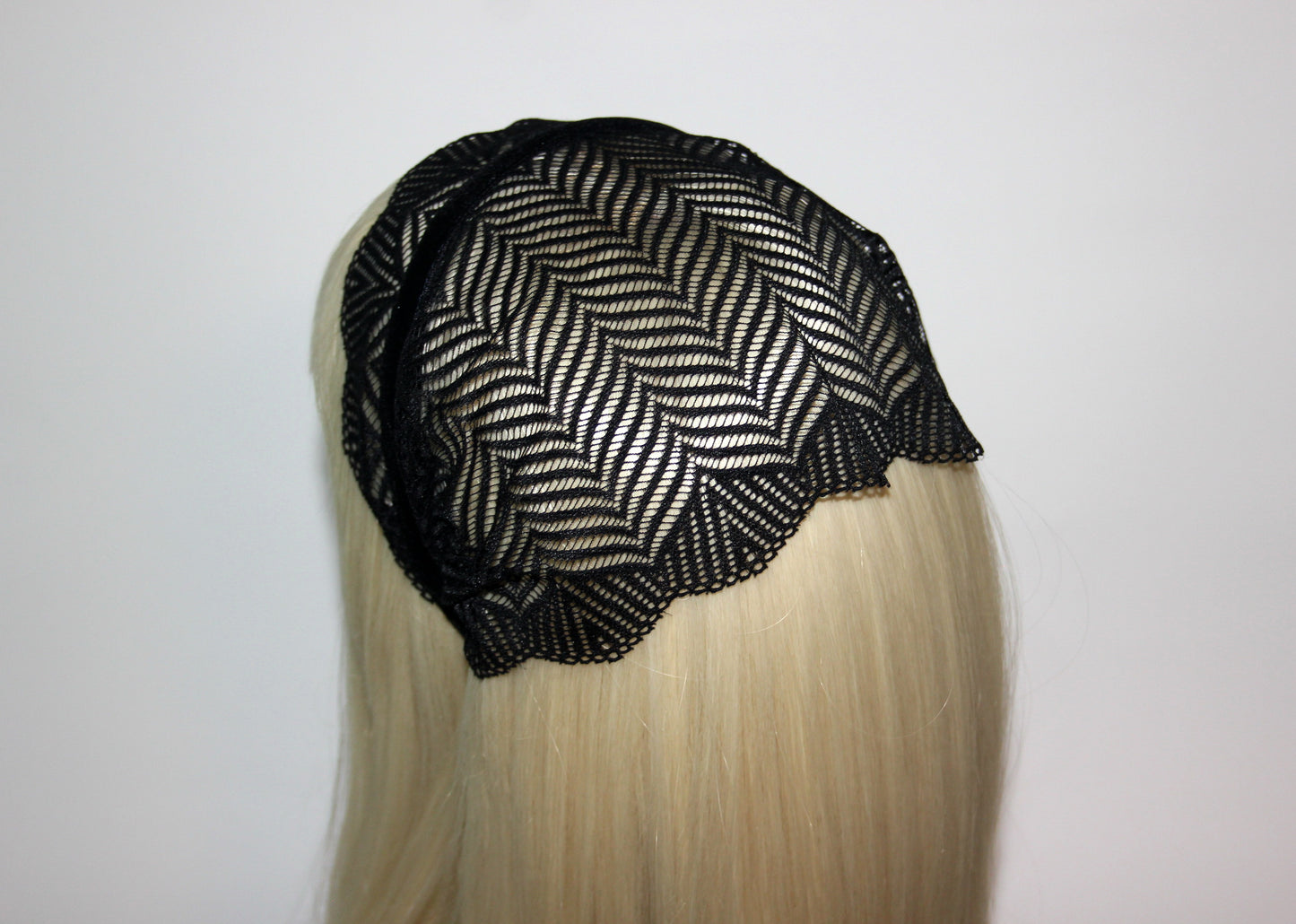 Christian head covering 7" inch Prayer lace headband Black herringbone head cover, plastic free