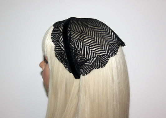 Christian head covering 7" inch Prayer lace headband Black herringbone head cover, plastic free