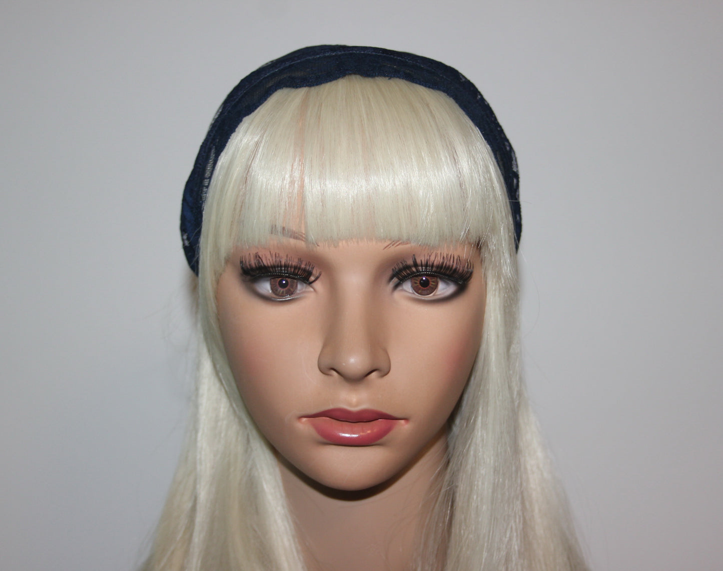 Dark Blue lace headband Christian veil Structured head cover, 7.2"inch, plastic free hairband