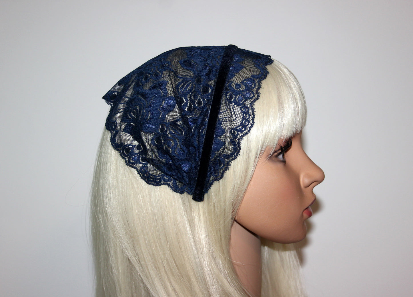 Dark Blue lace headband Christian veil Structured head cover, 7.2"inch, plastic free hairband