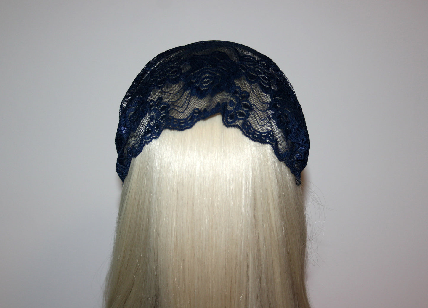 Dark Blue lace headband Christian veil Structured head cover, 7.2"inch, plastic free hairband