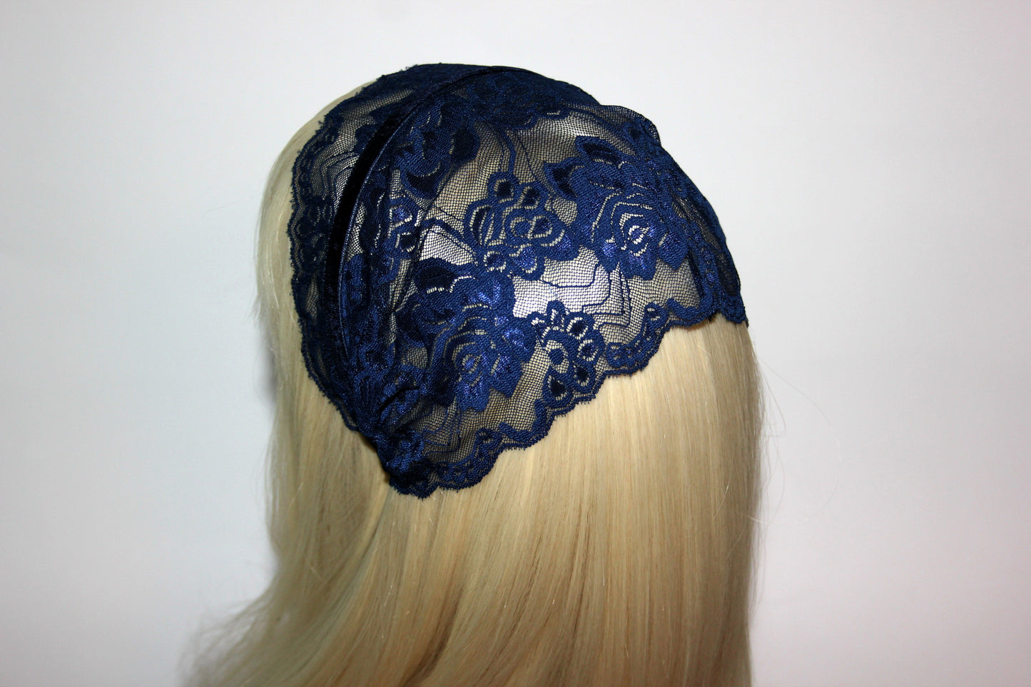 Dark Blue lace headband Christian veil Structured head cover, 7.2"inch, plastic free hairband