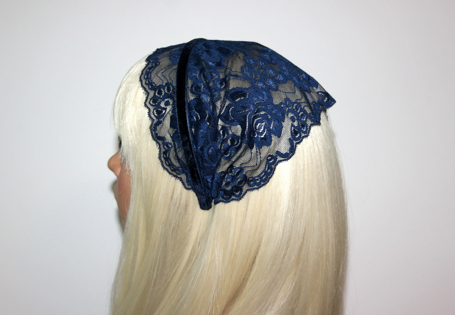 Dark Blue lace headband Christian veil Structured head cover, 7.2"inch, plastic free hairband