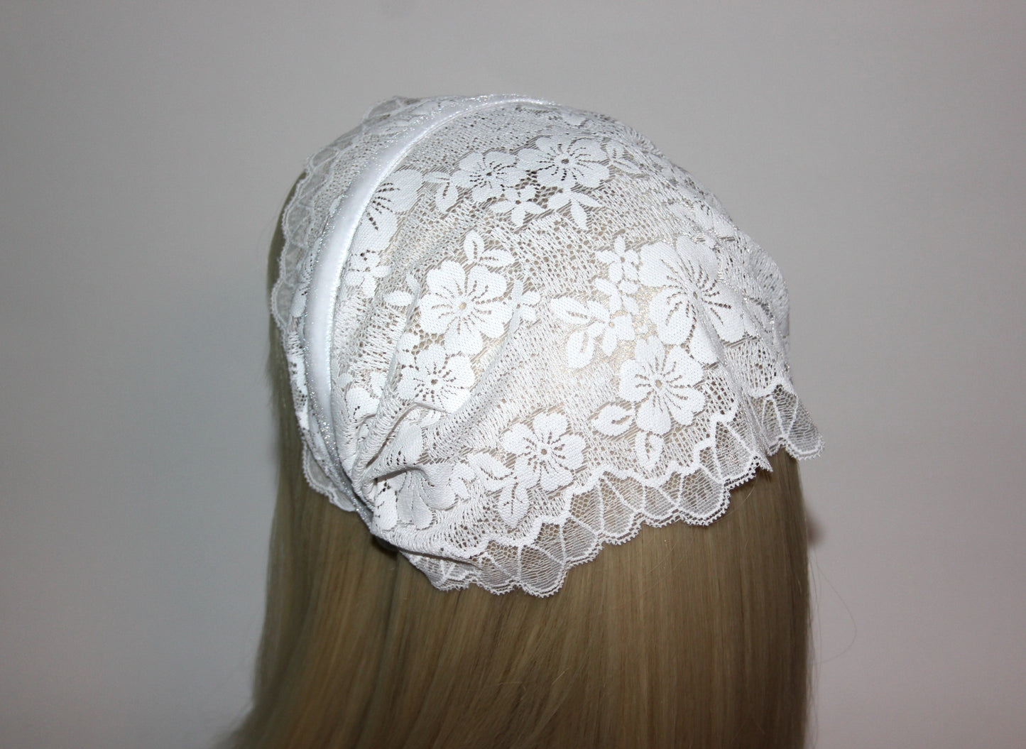 Off White prayer headband 9"inch Christian lace head covering Structured religious head cover, plastic free