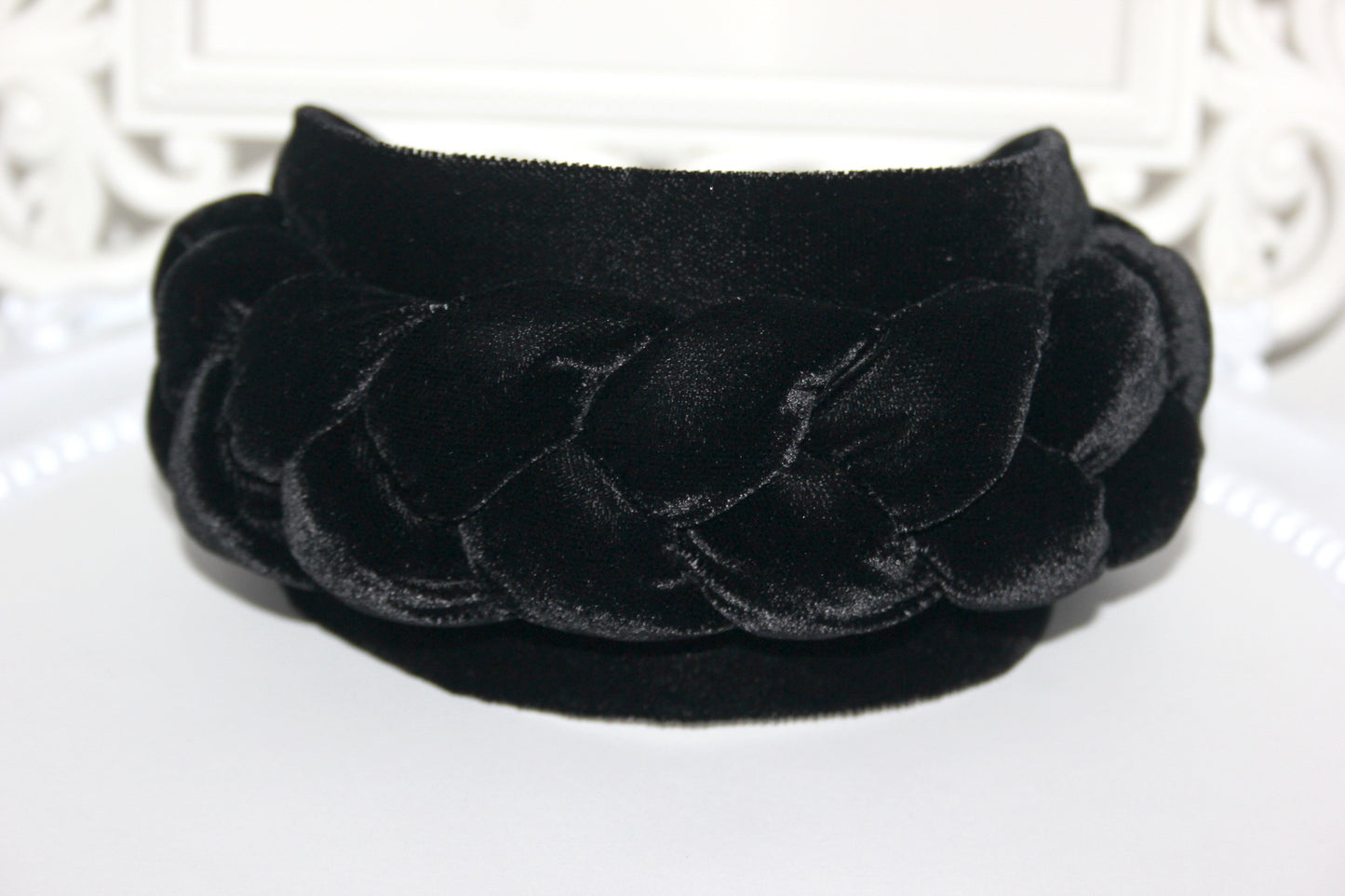 Wide black headband Braided silk velvet hairband Modern braid headwrap