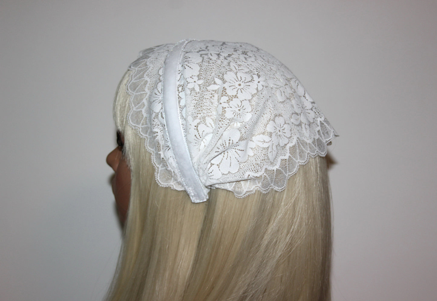 Off White prayer headband 9"inch Christian lace head covering Structured religious head cover, plastic free