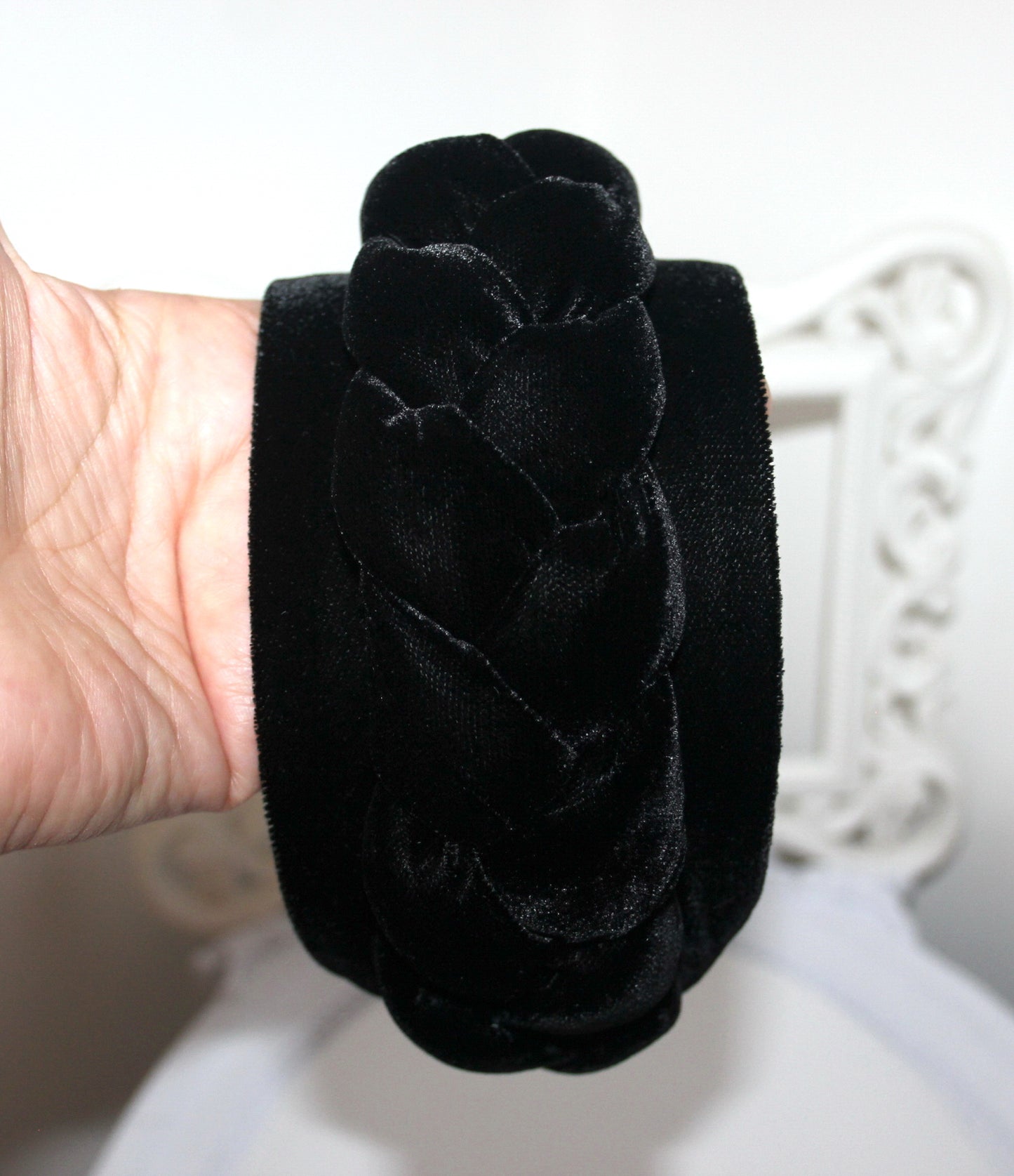 Wide black headband Braided silk velvet hairband Modern braid headwrap