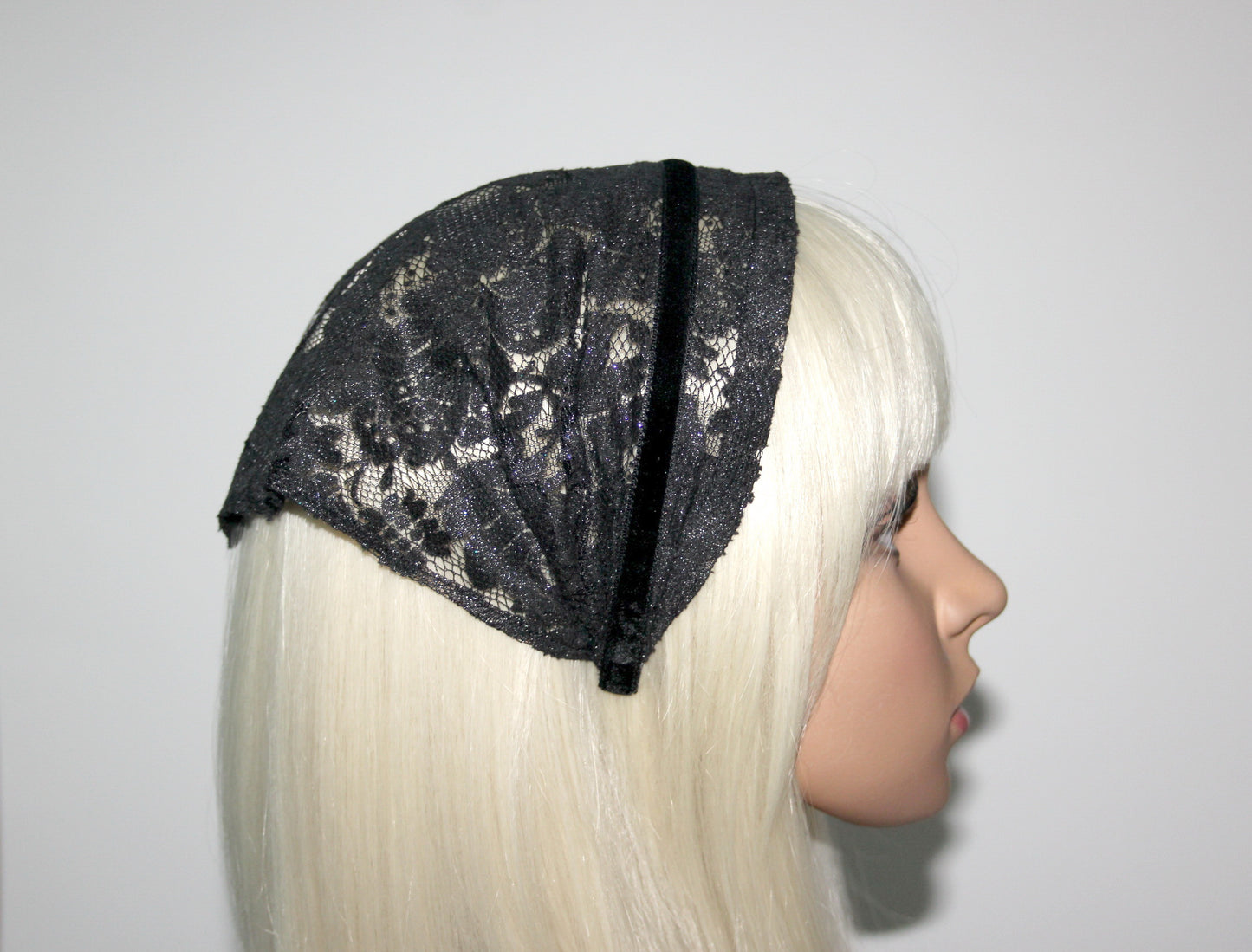 Lace kerchief 7.5"inch Black & Silver chapel little mantilla Christian headcover, plastic free