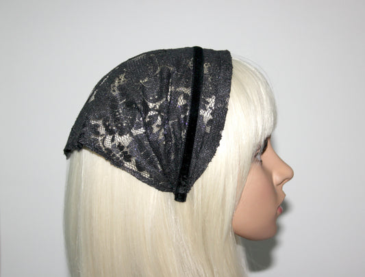 Lace kerchief 7.5"inch Black & Silver chapel little mantilla Christian headcover, plastic free