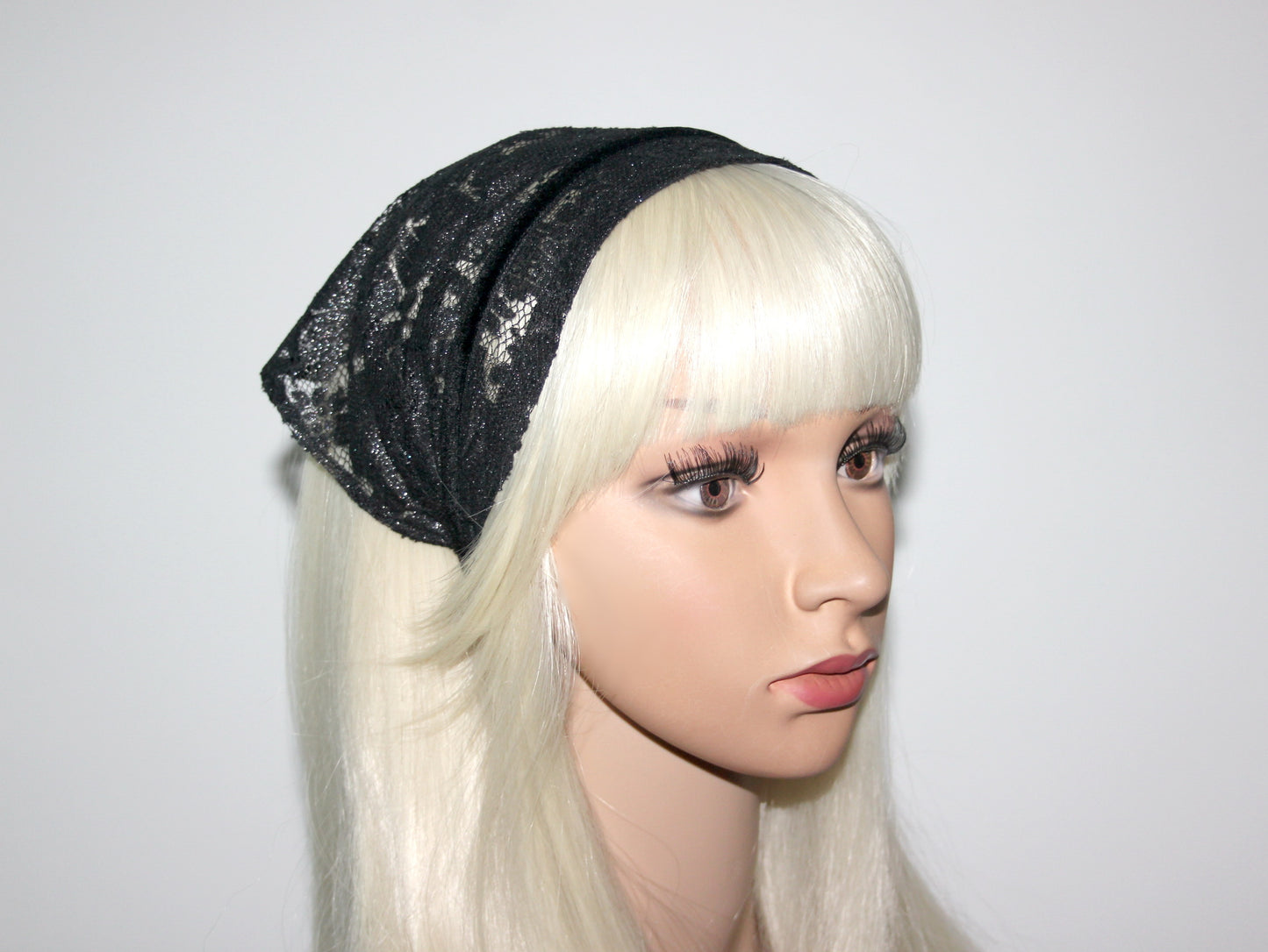 Lace kerchief 7.5"inch Black & Silver chapel little mantilla Christian headcover, plastic free