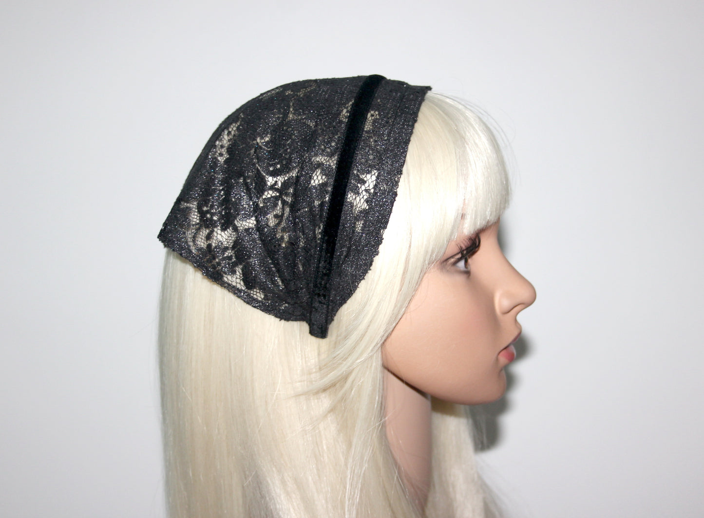 Lace kerchief 7.5"inch Black & Silver chapel little mantilla Christian headcover, plastic free