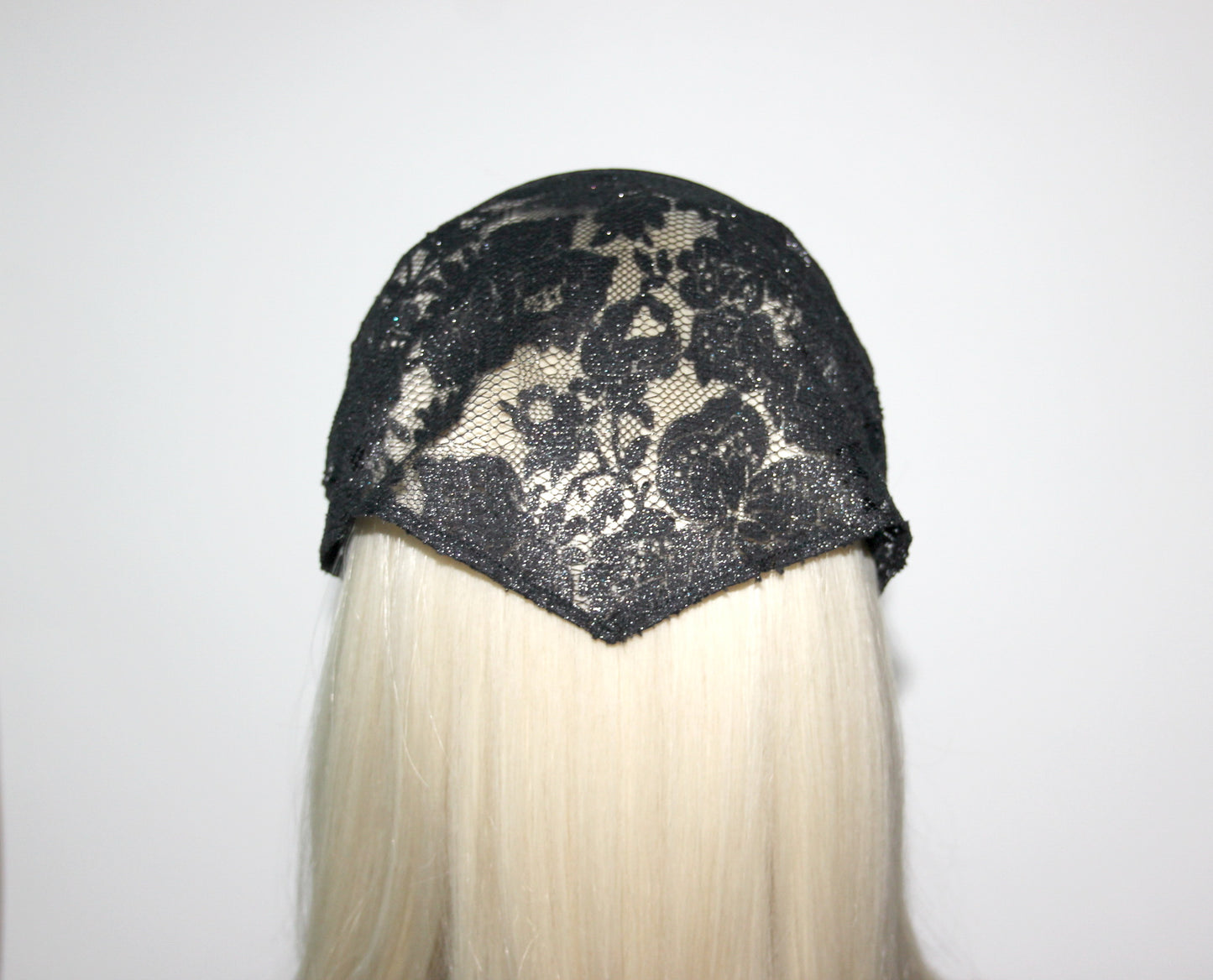 Lace kerchief 7.5"inch Black & Silver chapel little mantilla Christian headcover, plastic free