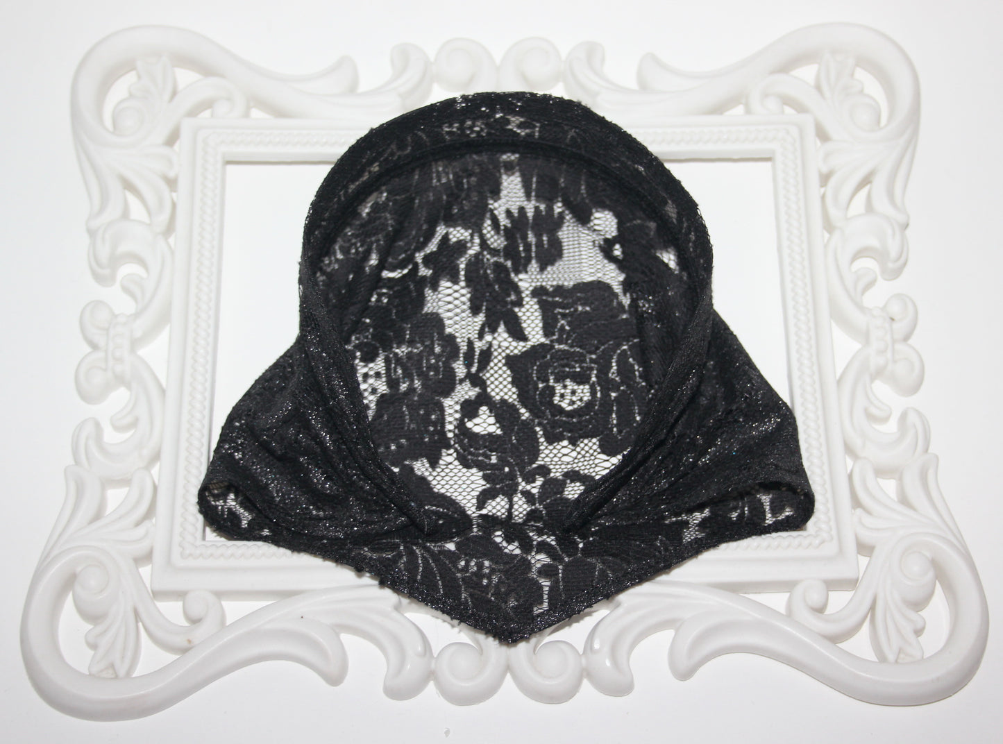 Lace kerchief 7.5"inch Black & Silver chapel little mantilla Christian headcover, plastic free