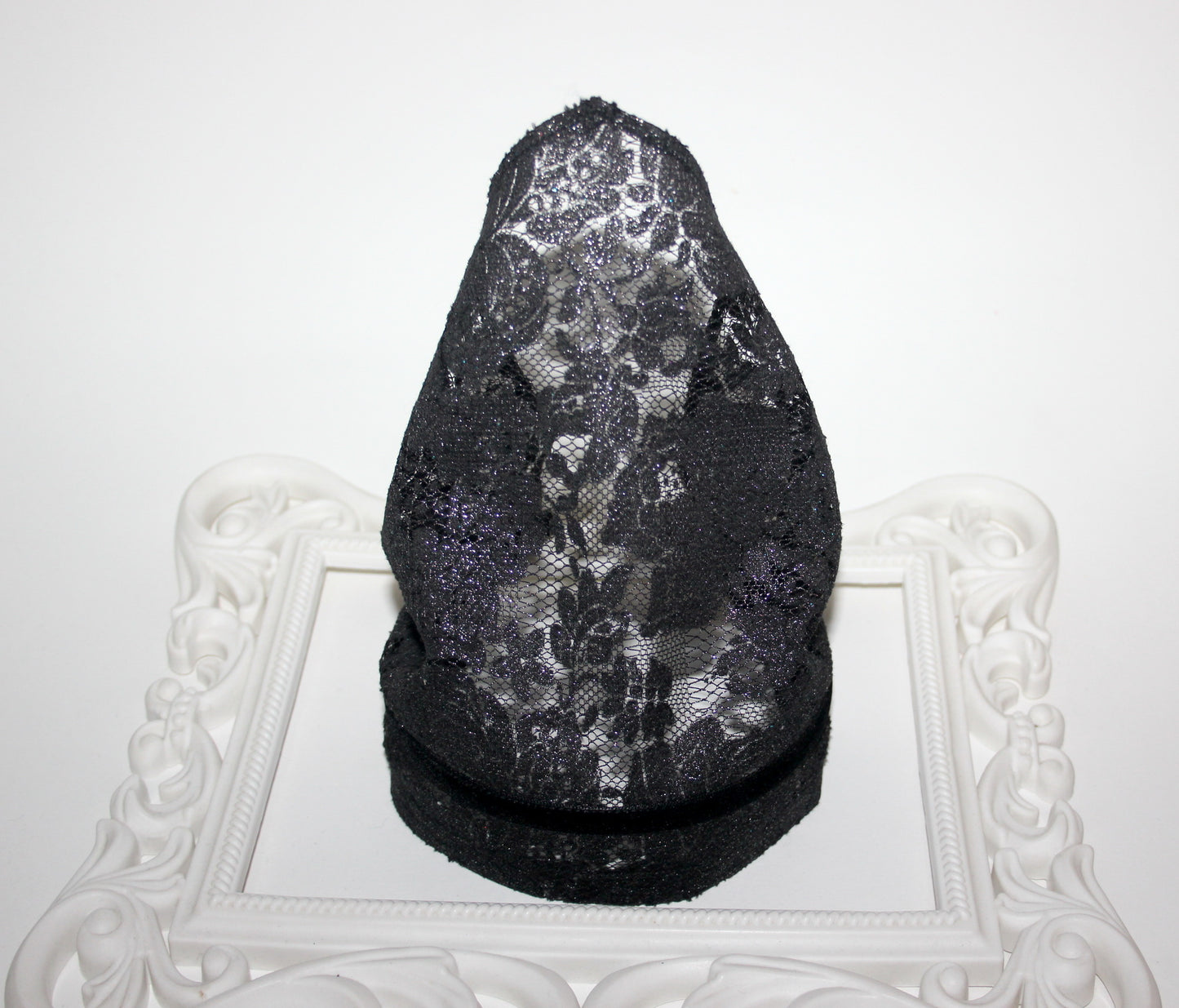 Lace kerchief 7.5"inch Black & Silver chapel little mantilla Christian headcover, plastic free
