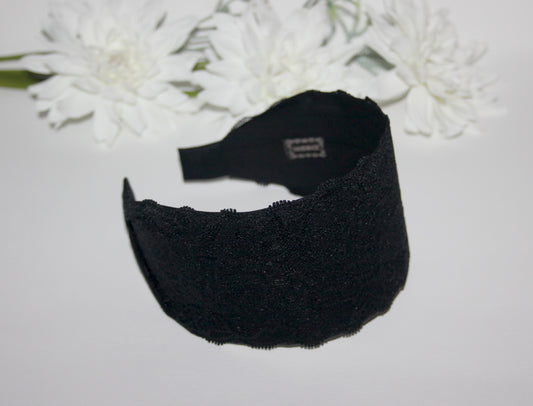Lace headband for women 3.15" inch Black head covering, wide hairband, plastic free