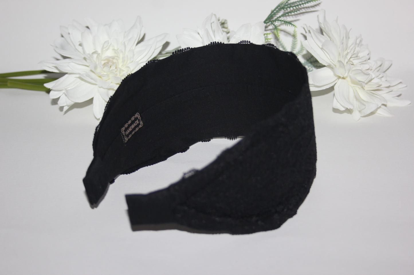 Lace headband for women 3.15" inch Black head covering, wide hairband, plastic free