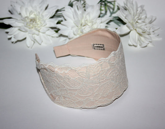 Beige lace headband 3.15" inch Wide head covering Church hairband scarf