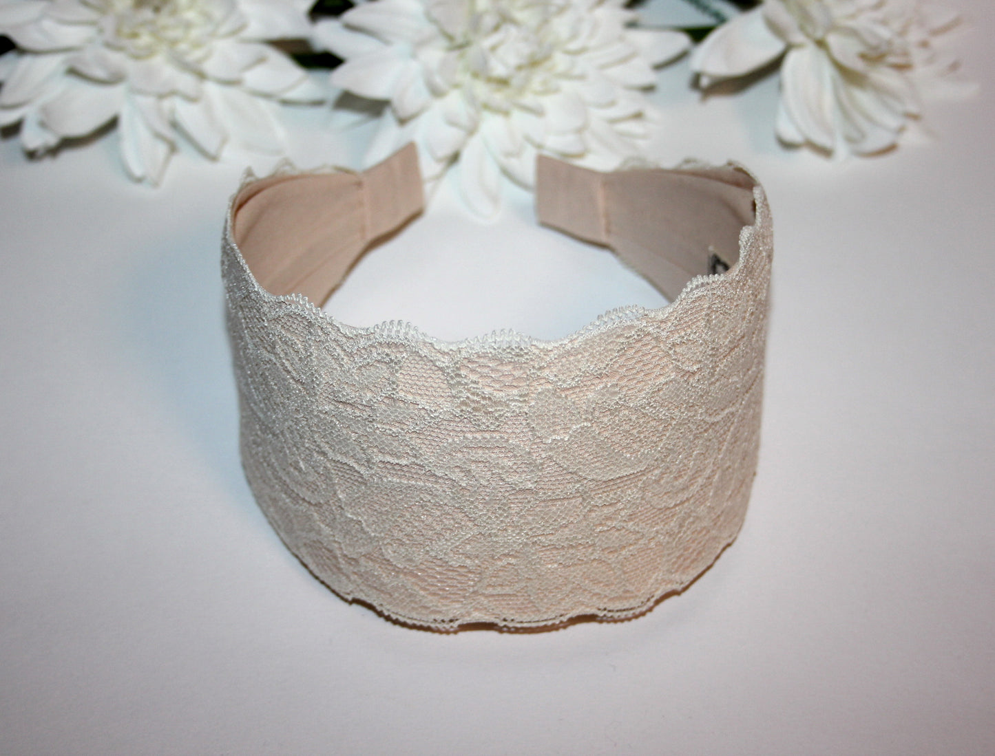 Beige lace headband 3.15" inch Wide head covering Church hairband scarf
