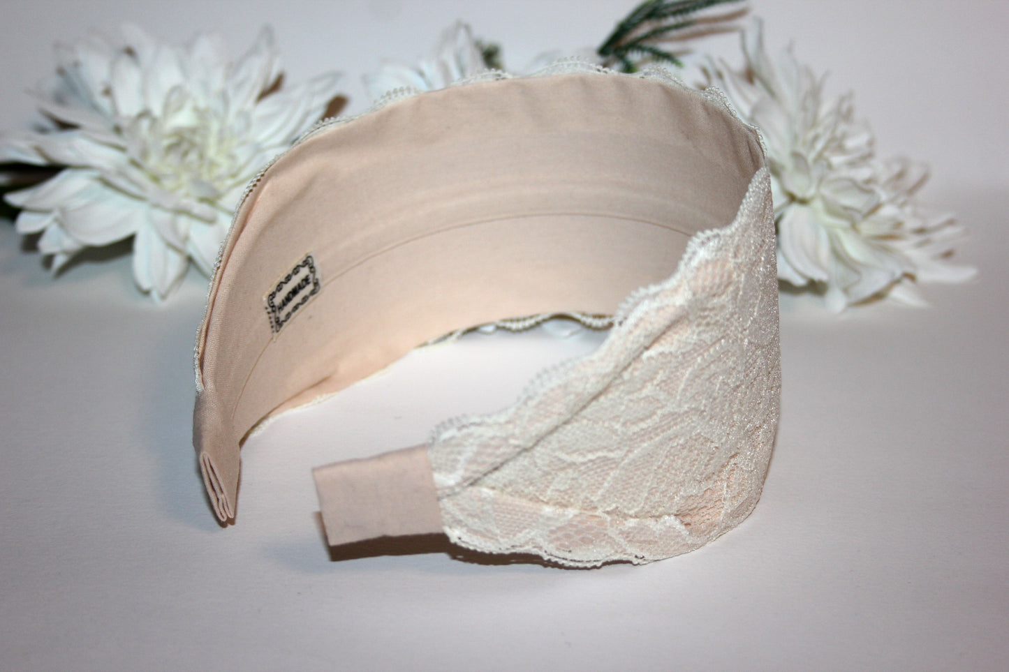 Beige lace headband 3.15" inch Wide head covering Church hairband scarf