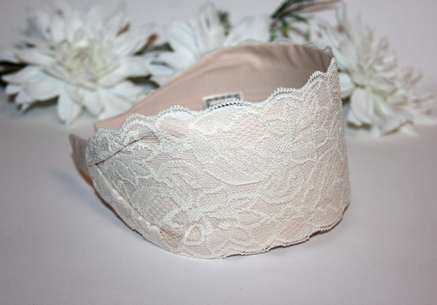 Beige lace headband 3.15" inch Wide head covering Church hairband scarf