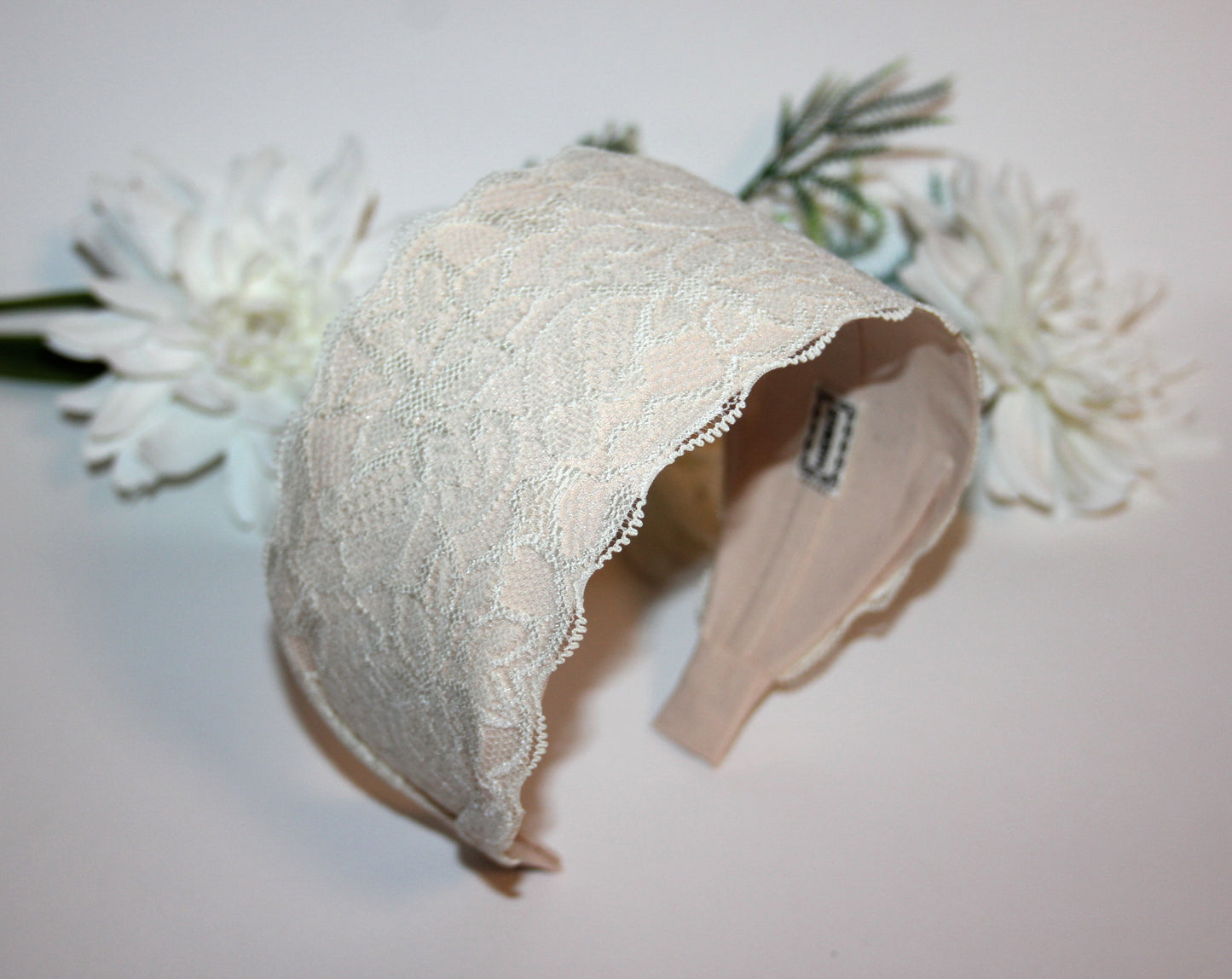 Beige lace headband 3.15" inch Wide head covering Church hairband scarf
