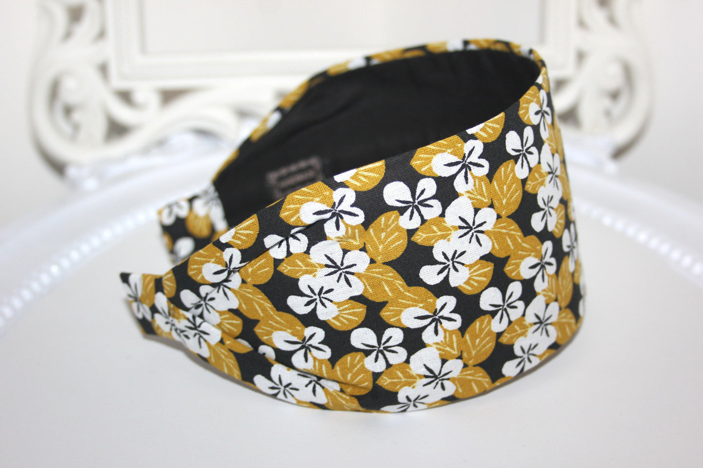 Mustard headband for women Daisy print extra wide hairband