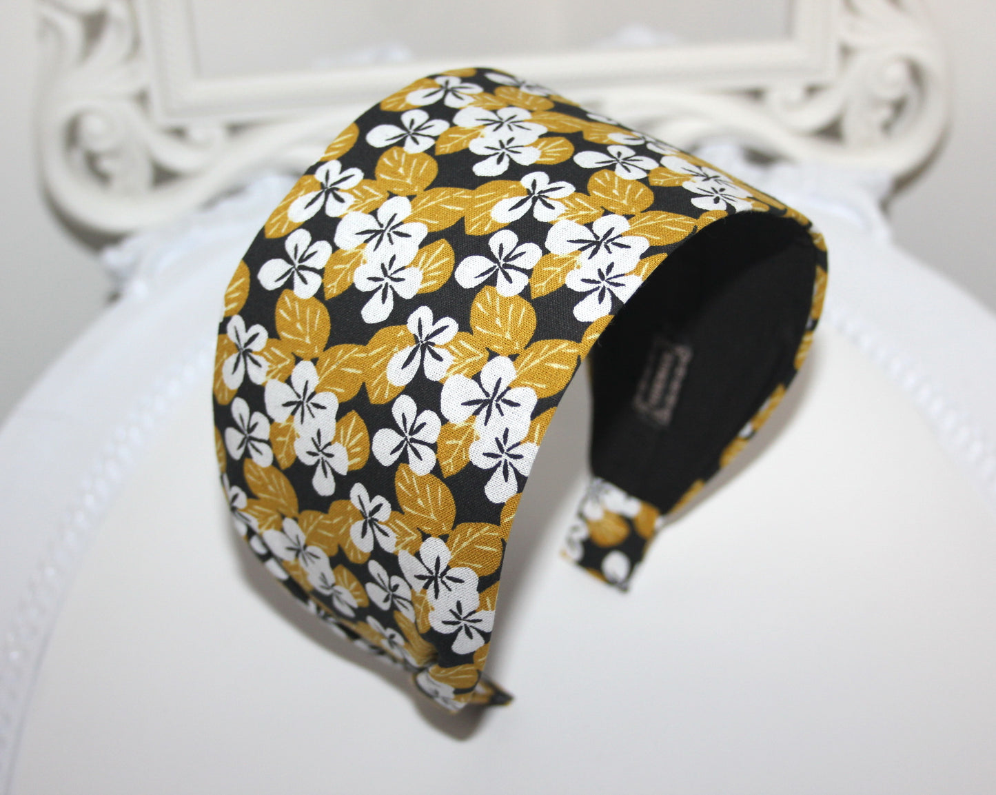 Mustard headband for women Daisy print extra wide hairband