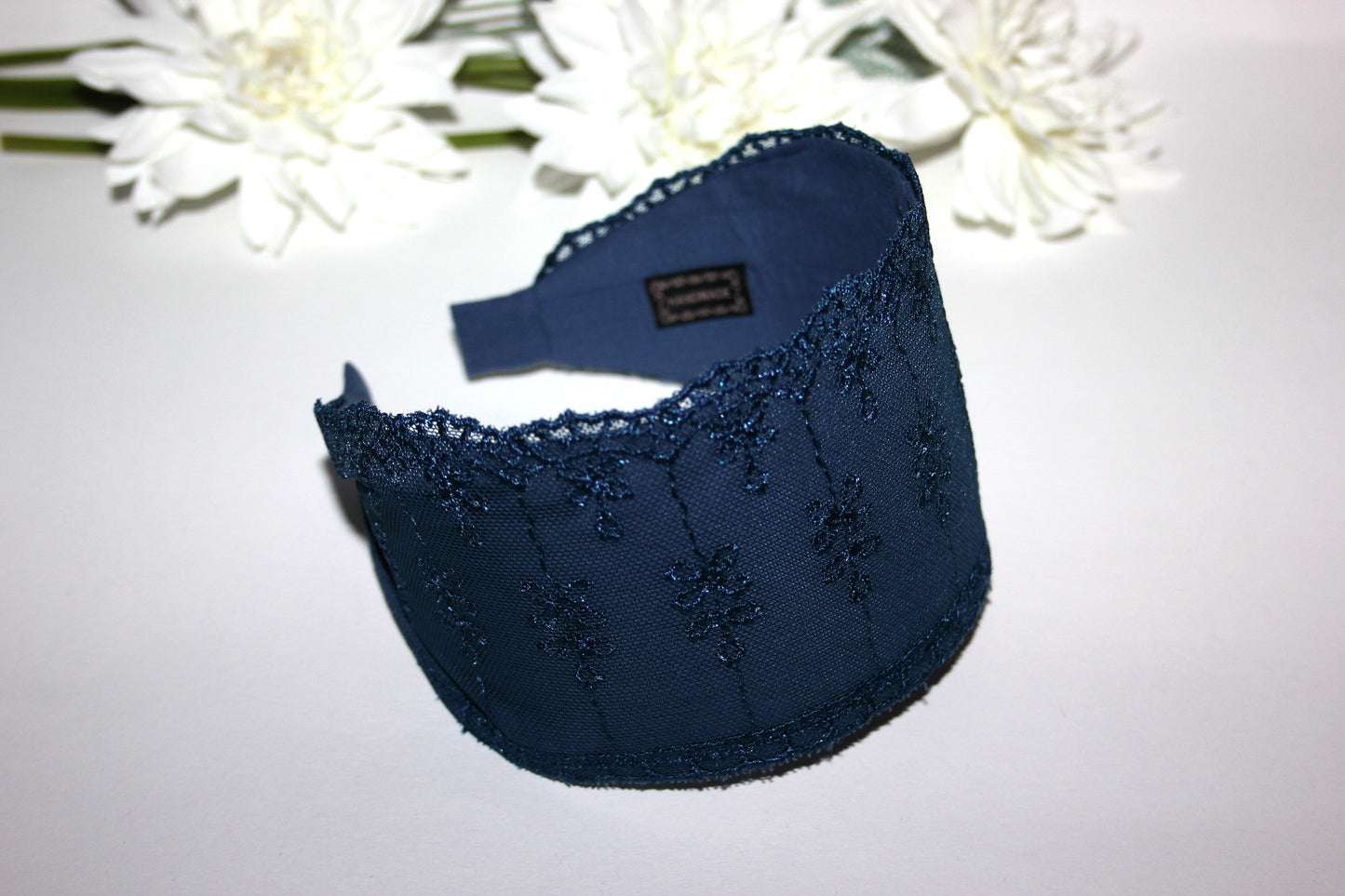Dark Blue lace headband 3.35" inch Wide lace head covering Structured hairband scarf for women
