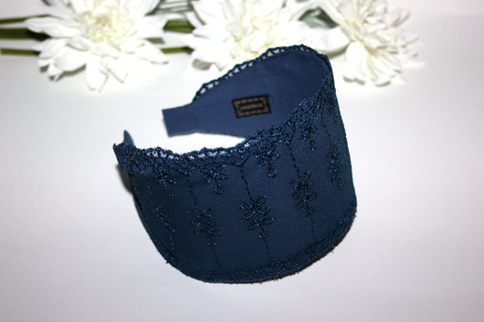 Dark Blue lace headband 3.35" inch Wide lace head covering Structured hairband scarf for women