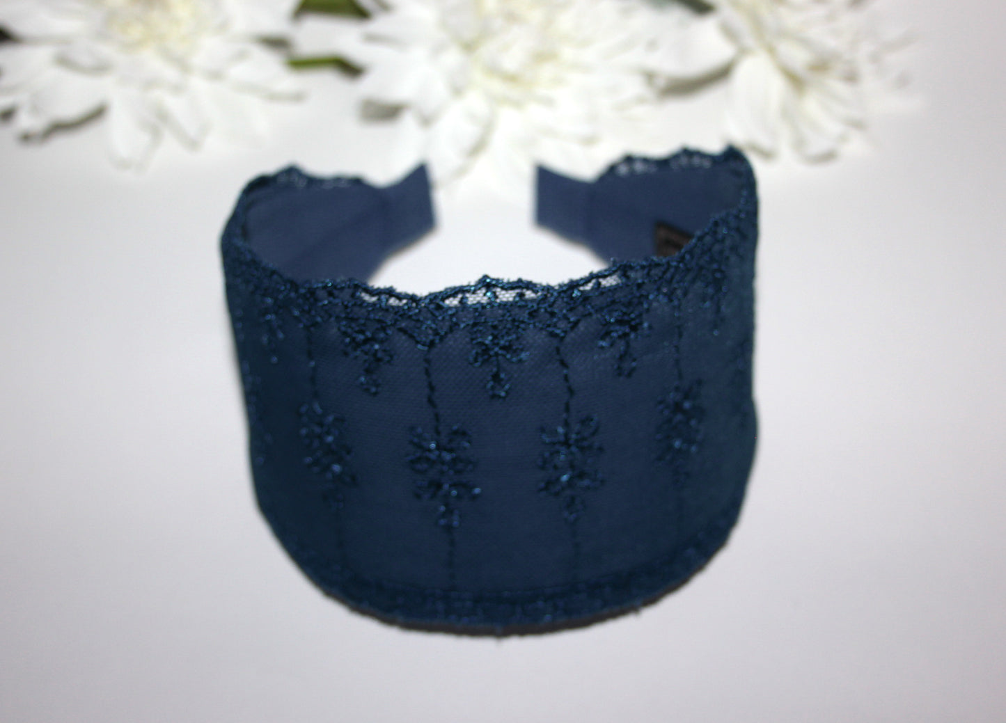 Dark Blue lace headband 3.35" inch Wide lace head covering Structured hairband scarf for women