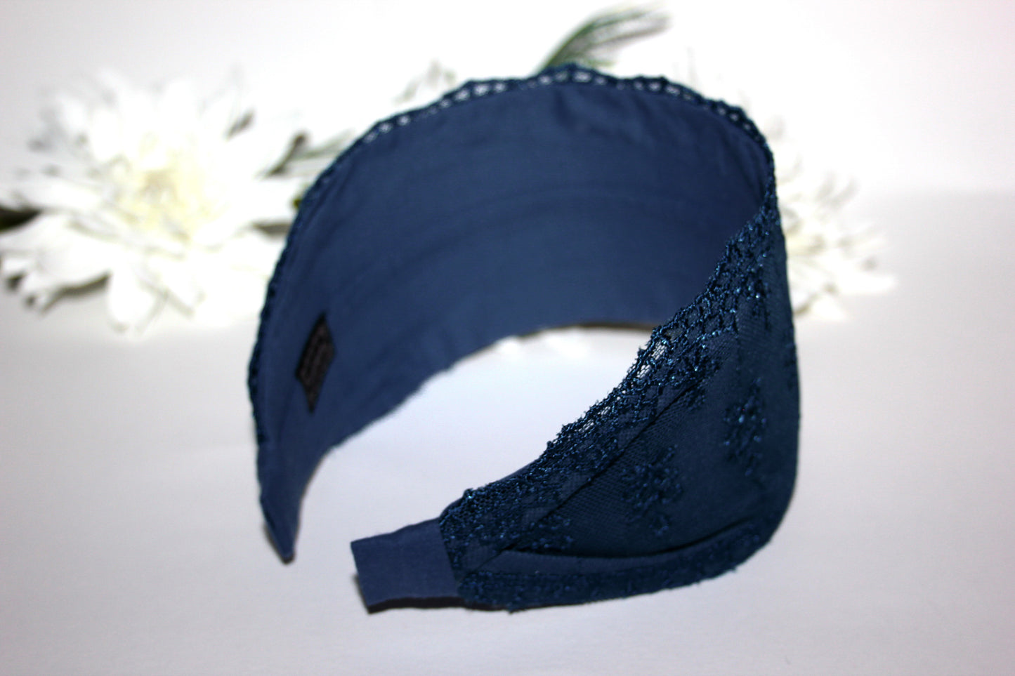 Dark Blue lace headband 3.35" inch Wide lace head covering Structured hairband scarf for women
