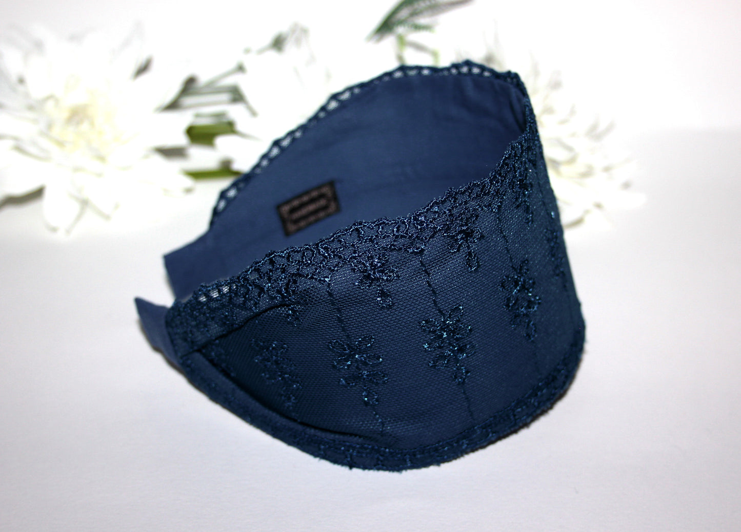 Dark Blue lace headband 3.35" inch Wide lace head covering Structured hairband scarf for women