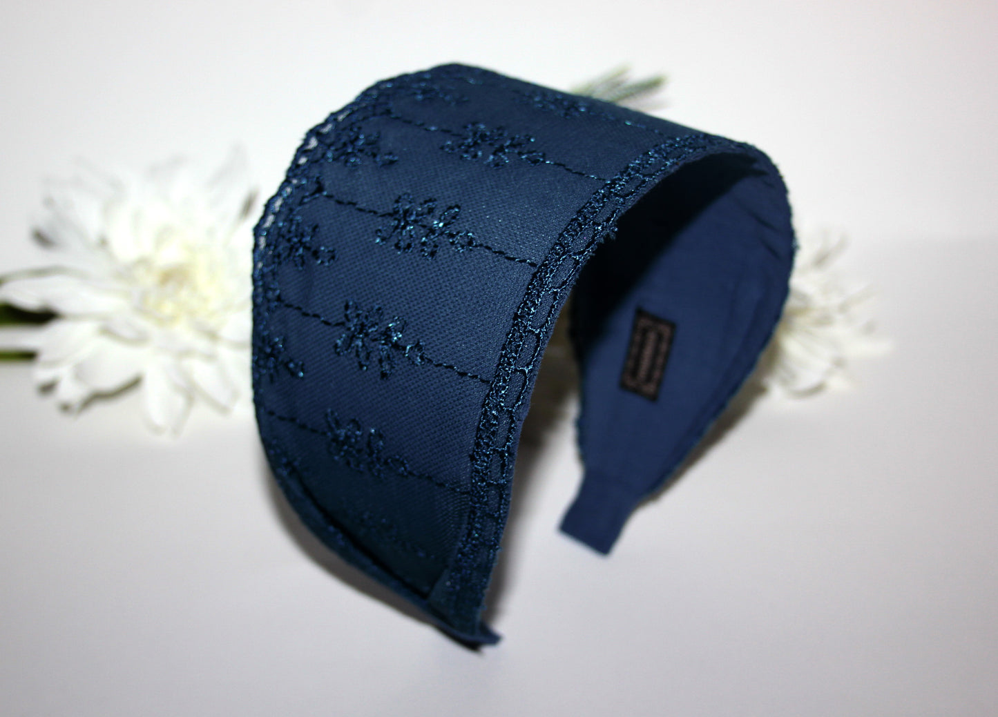 Dark Blue lace headband 3.35" inch Wide lace head covering Structured hairband scarf for women