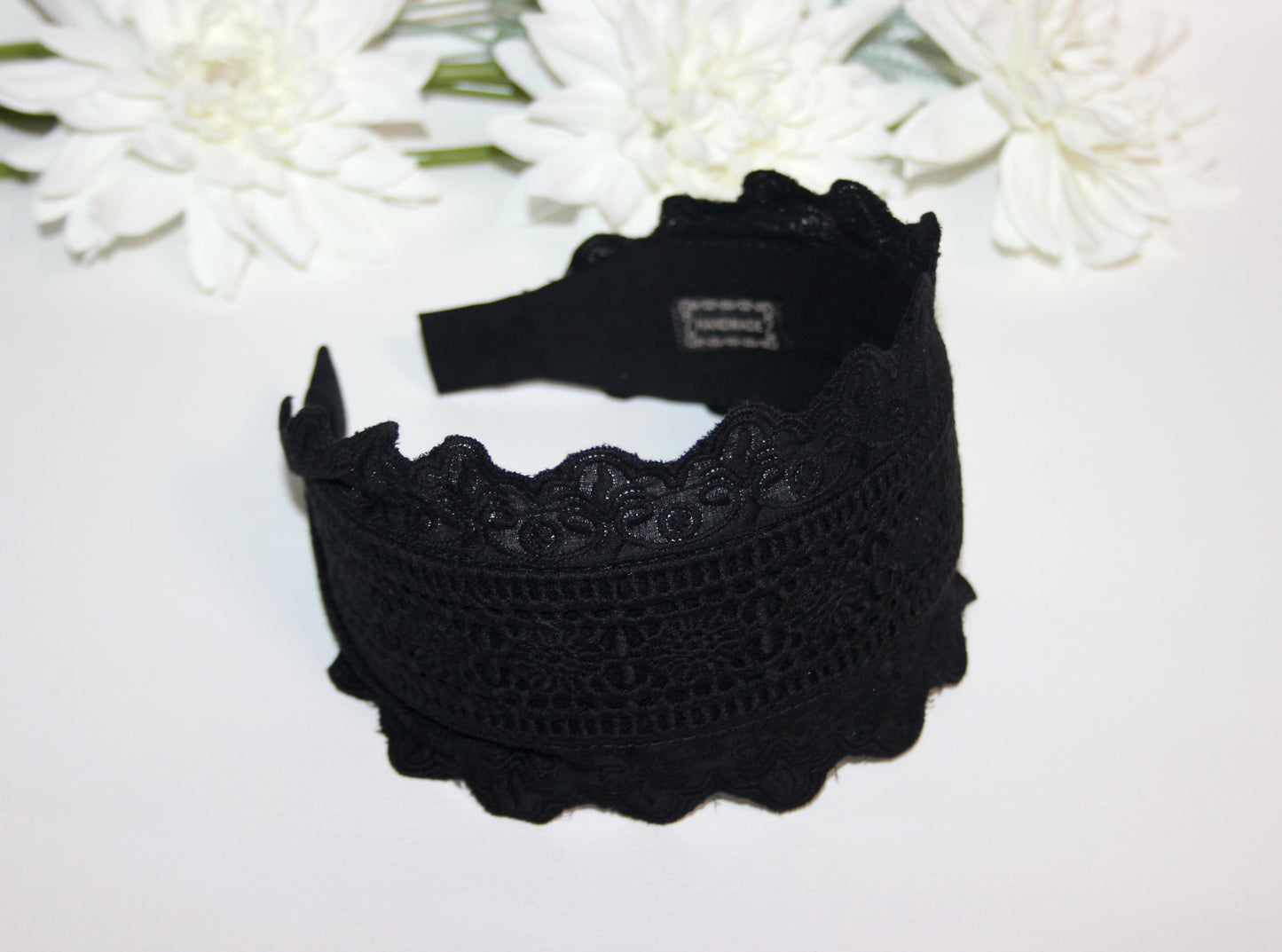 Embroidery cotton headband 3.5" inch Black wide hairband, Eyelet ribbon headcover