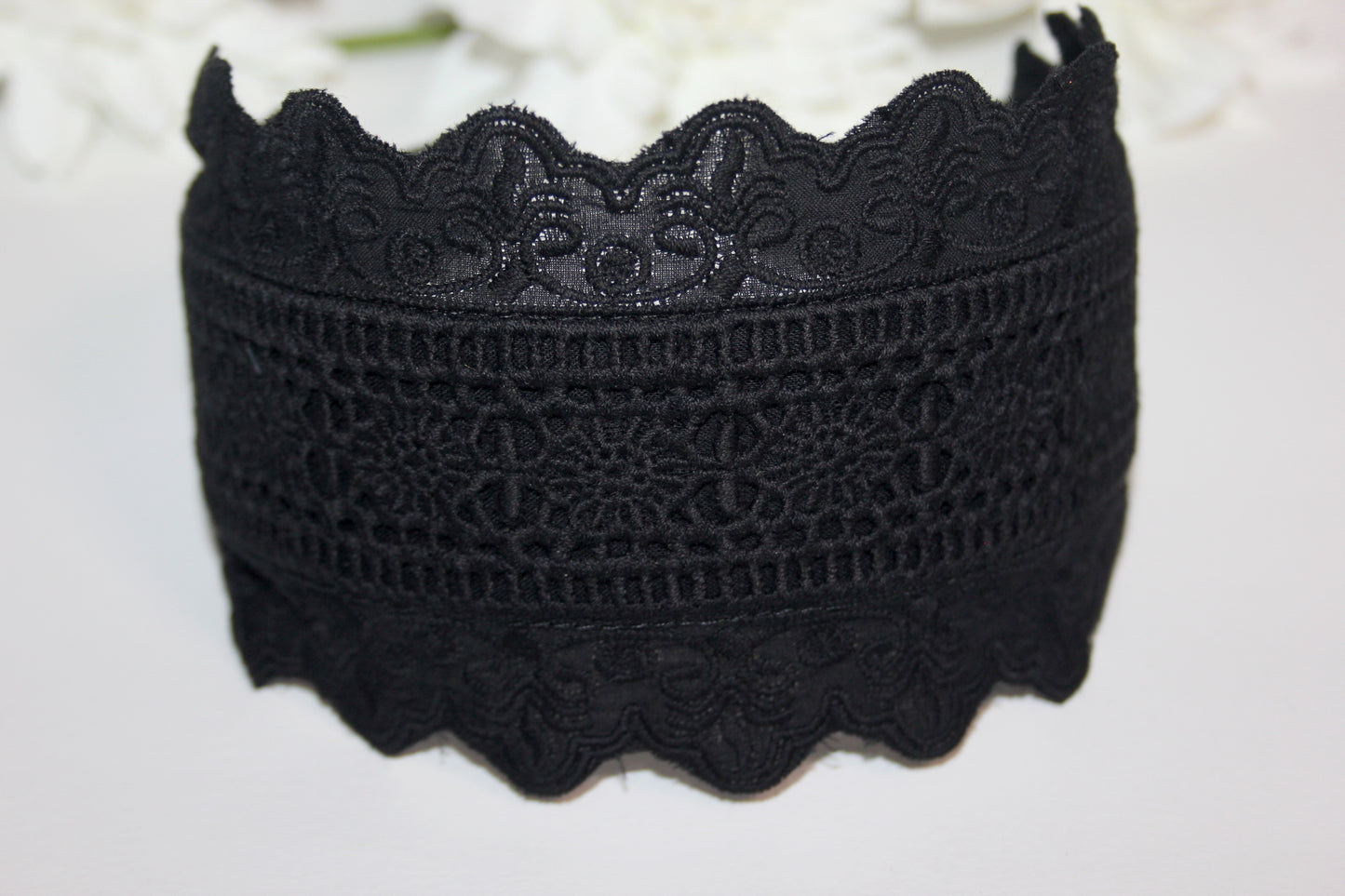 Embroidery cotton headband 3.5" inch Black wide hairband, Eyelet ribbon headcover