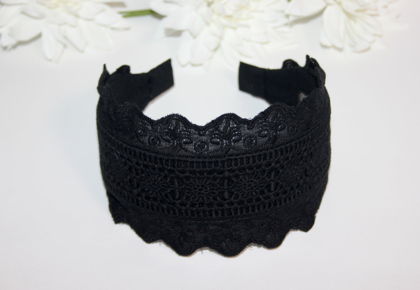 Embroidery cotton headband 3.5" inch Black wide hairband, Eyelet ribbon headcover