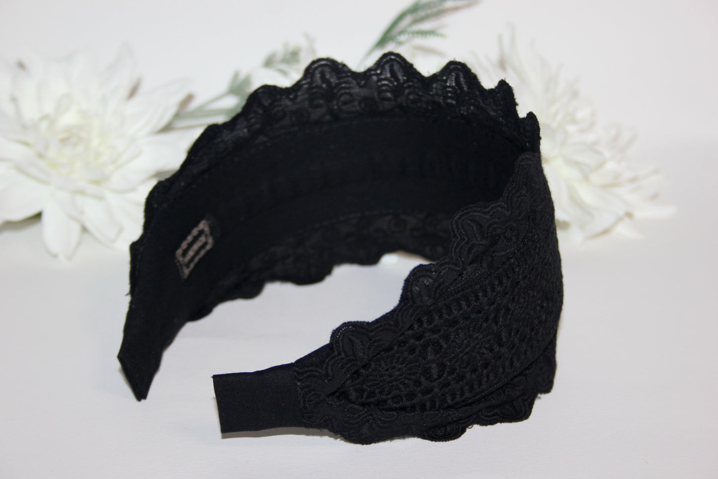 Embroidery cotton headband 3.5" inch Black wide hairband, Eyelet ribbon headcover