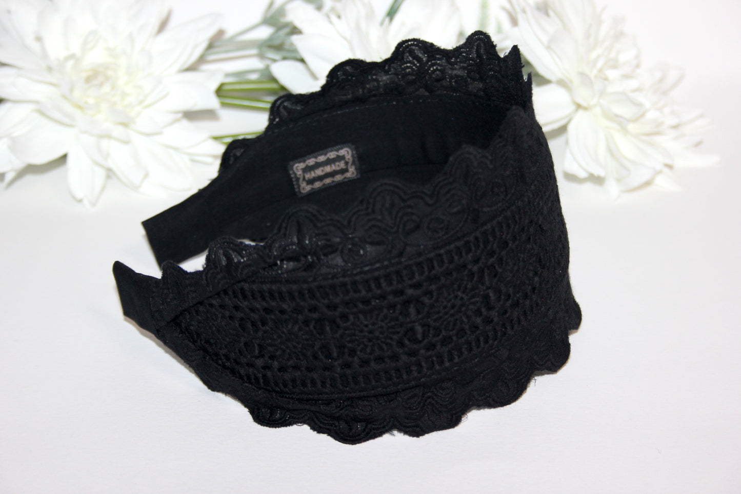 Embroidery cotton headband 3.5" inch Black wide hairband, Eyelet ribbon headcover