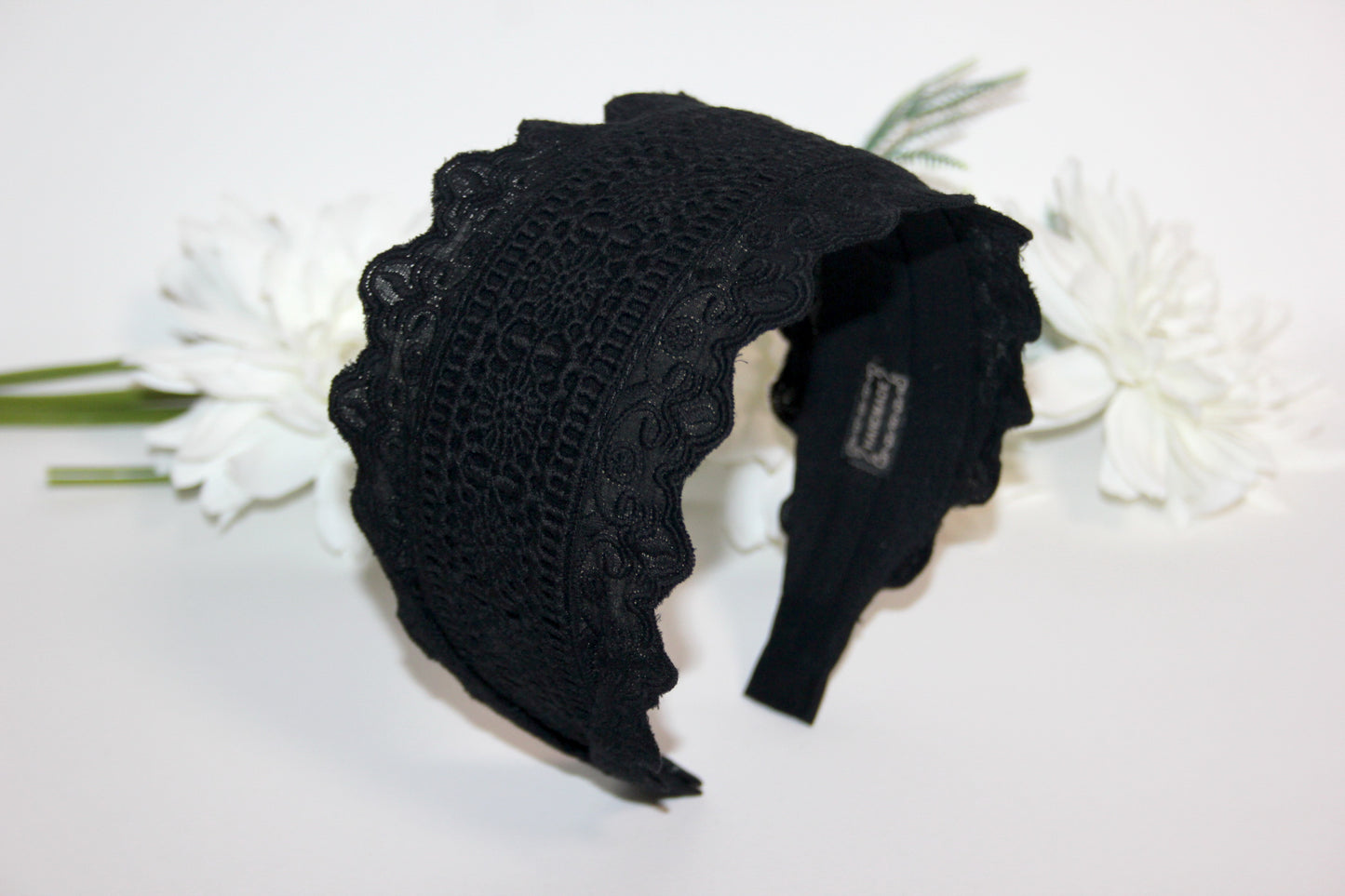 Embroidery cotton headband 3.5" inch Black wide hairband, Eyelet ribbon headcover