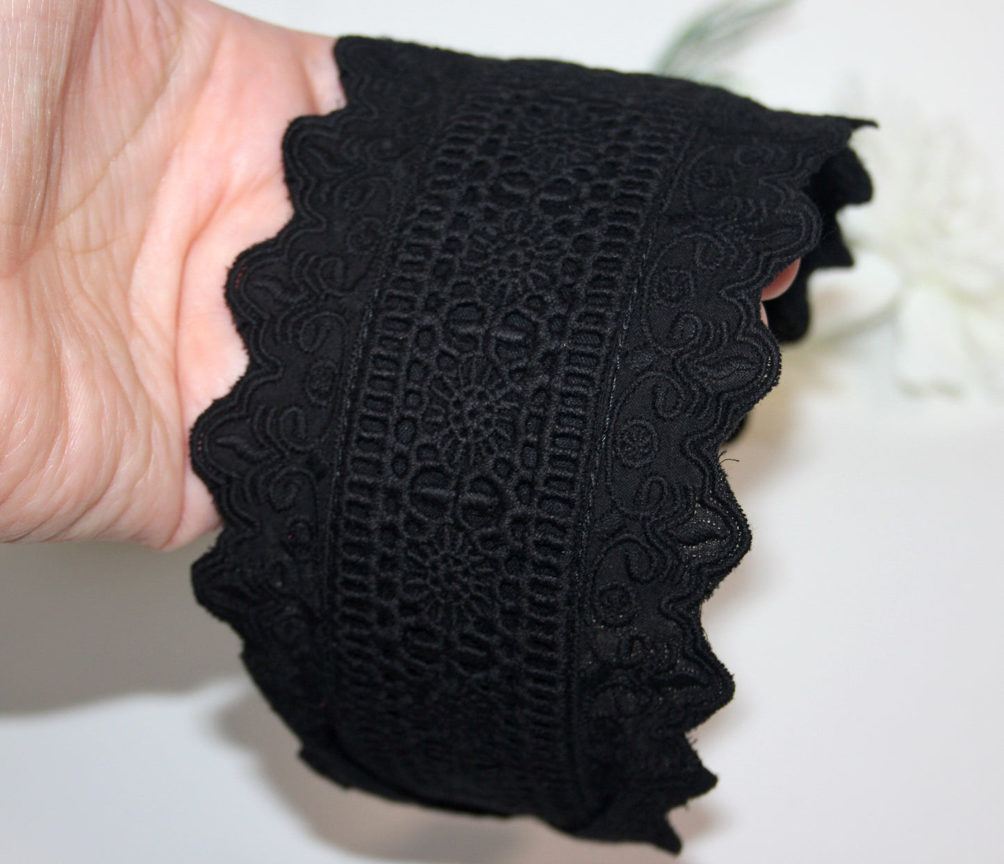 Embroidery cotton headband 3.5" inch Black wide hairband, Eyelet ribbon headcover