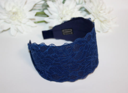 Dark Blue headband 3.15" inch Wide lace head covering Church hairband scarf