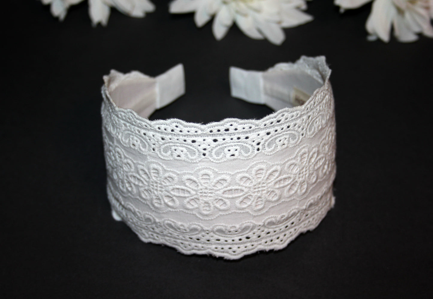 Eyelet cotton headband 3.2" inch Off White embroidery hair scarf Christian headcover