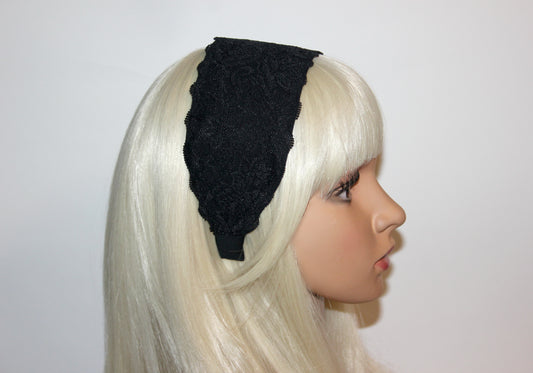 Lace headband for women 3.15" inch Black head covering, wide hairband, plastic free