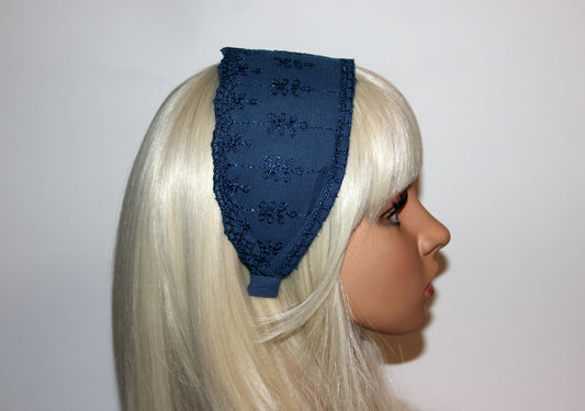 Dark Blue lace headband 3.35" inch Wide lace head covering Structured hairband scarf for women