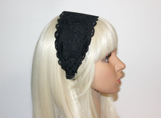 Lace headband for women 3.5" inch Black head covering, wide hairband