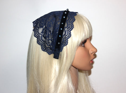 Dark Blue lace headband Christian beaded veil 6"inch adjustable, plastic free