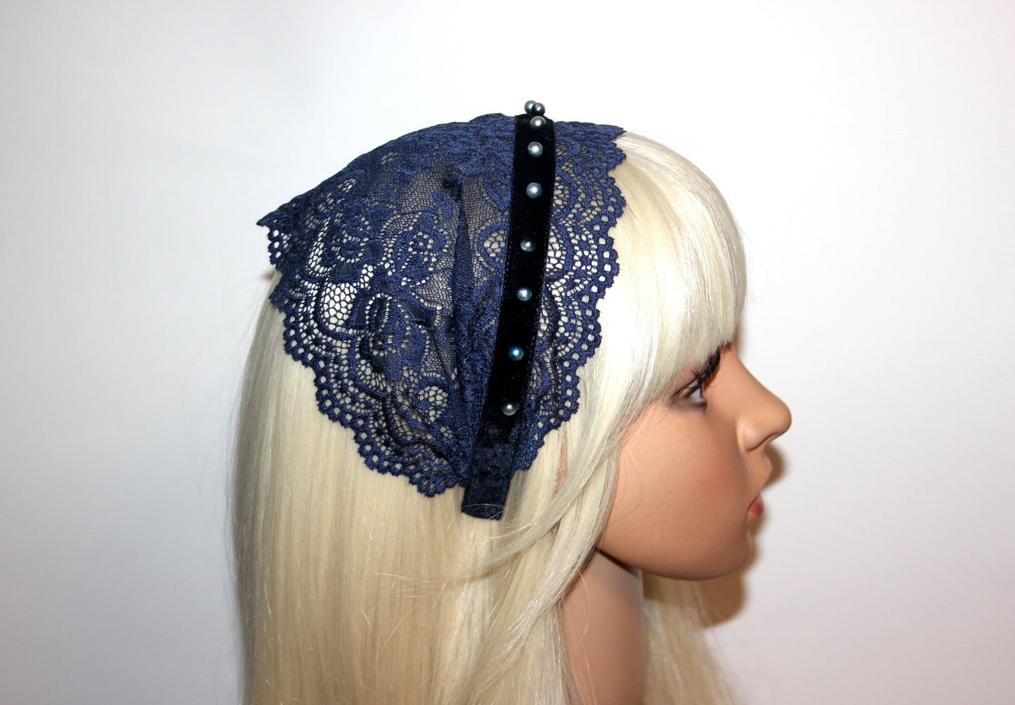 Dark Blue lace headband Christian beaded veil 6"inch adjustable, plastic free